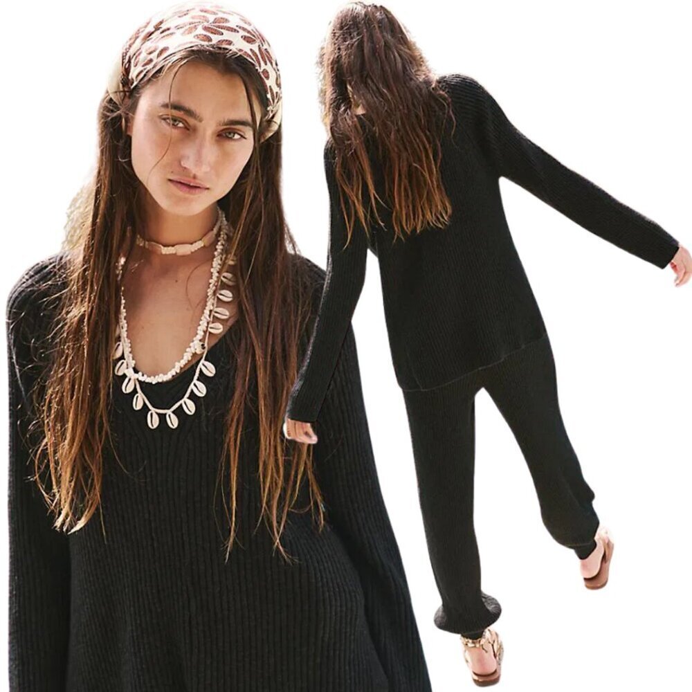 Free People FP Beach Justine V-Neck Sweater Women's Large Black Boho Knit NWOT